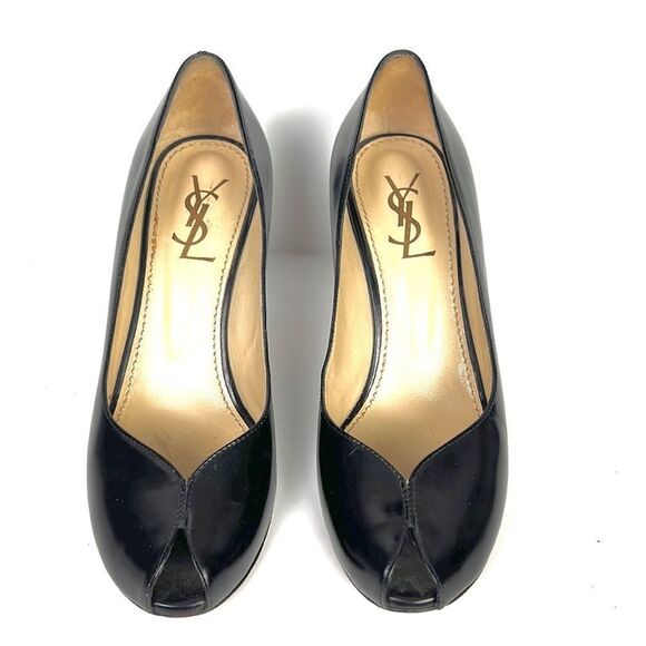 YSL Yves Saint Laurent Black Leather Peep Toe Heels Shoes - Picture 9 of 15